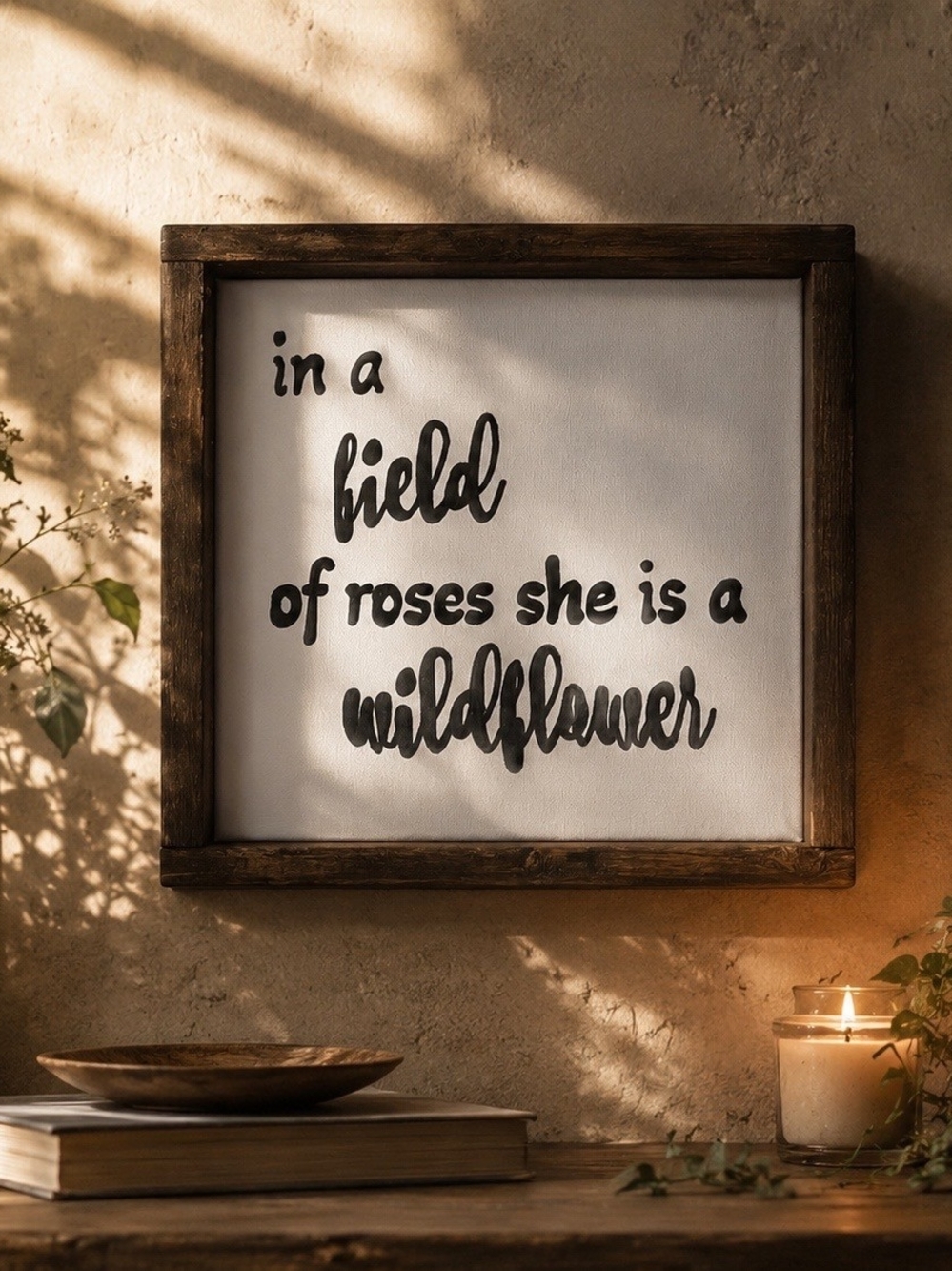 Framed Wall Art "wildflower" Quote - Black on White